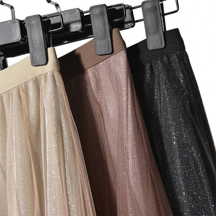 New Korean Stars Sequined Puff Layered Tulle Tutu Long Skirts Mesh Starry Metallic Sweet Fairy Pleated Long Skirts Women