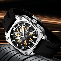 BIDEN Relojes de pulsera con forma de rueda para hombre, resistentes al agua, reloj mecánico automático con espejo Hardlex