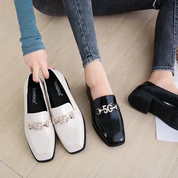 

Chunky Heels Loafers Woman Square Toe Shoes Metal Decoration Slip on Pump Leather Slides Big Size Zapatos Mujer Black Apricot