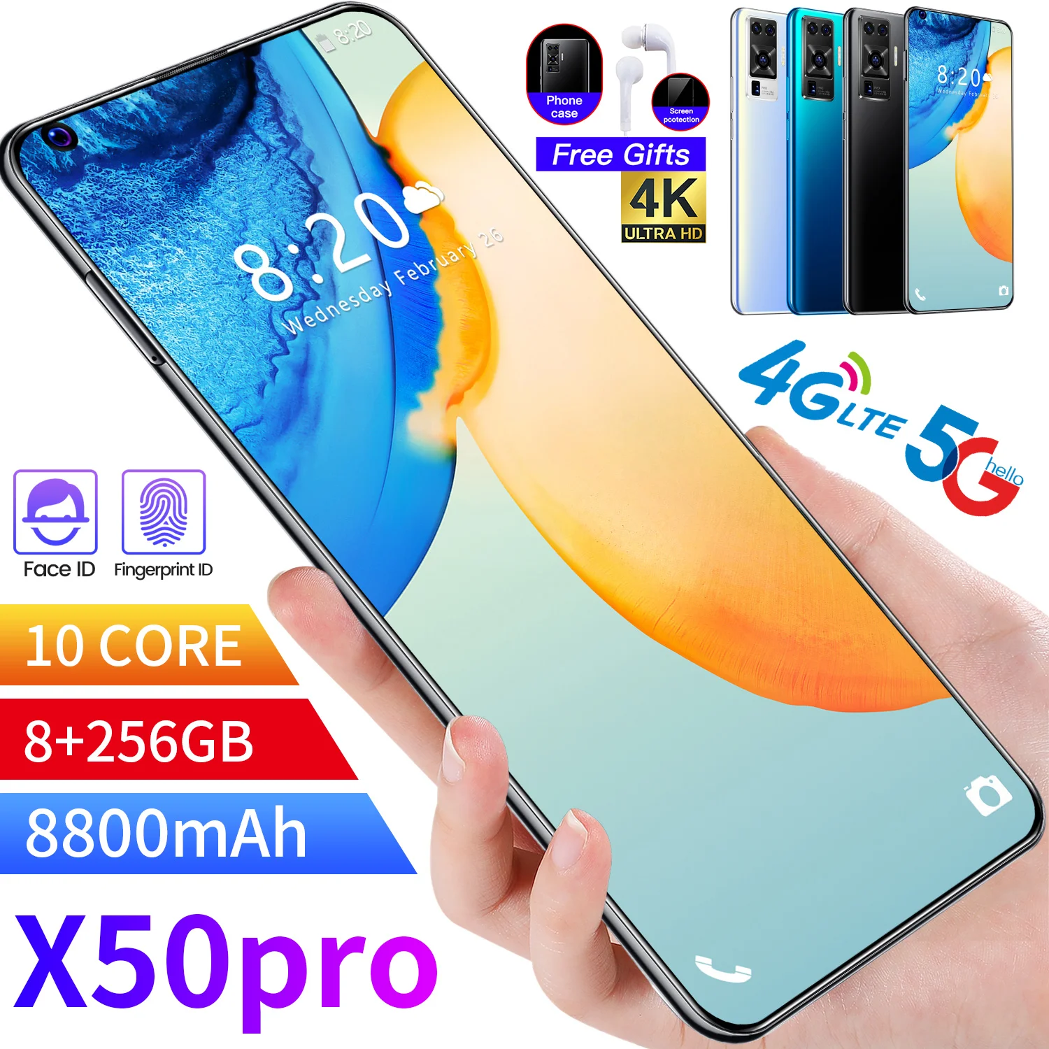 PROD 1005002553673539 New X50 Pro Smartphone with 8+256GB Large Memory
Dual Sim Cards Bluetooth Wifi Camera Mobile Phone Android 10.0 Ten Core