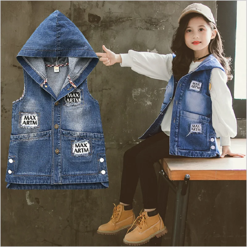 

Children's Clothes Spring New Baby Boys Girls Denim Hooded Vest Letter Kids Clothes Wild Vest For Girls Boys Child Waistcoat
