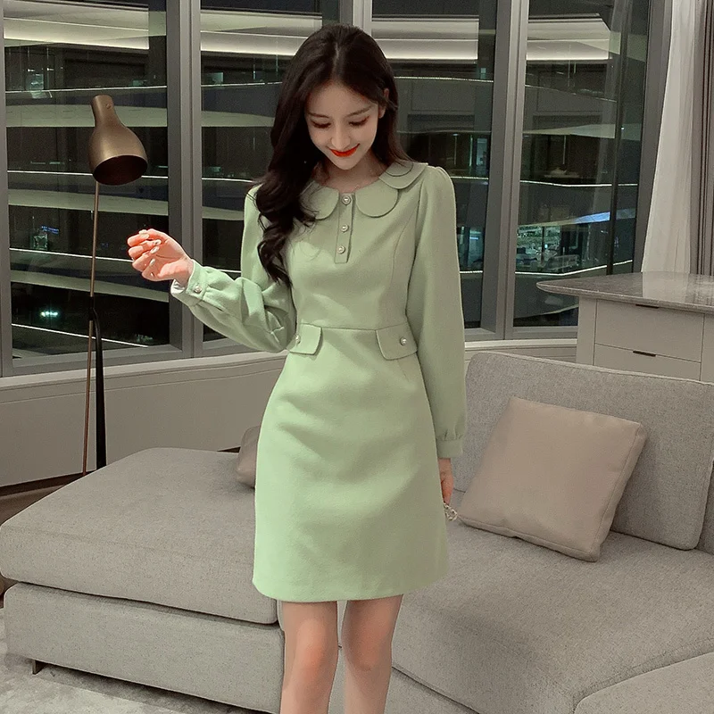 

Chic Peter Pan Collar Long Sleeve Dress Women Kawaii Mini Woolen Winter Dress Elegant Slim Korean Vintage Ladies Dresses Green