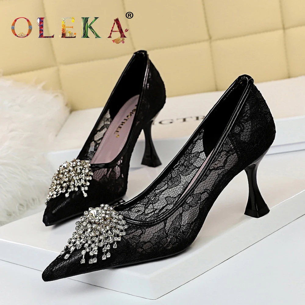 

OLEKA Thin Heels Shoes Elegant Style String Bead Pumps Pumps Strange Heeldress Spring/autumn Mary Janes Pointed Toe Heels