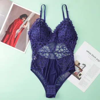 

Women Deep V Neck Lace Bodysuit Fashion Sexy Bodysuit Female Mesh Padded Camisoles Overalls