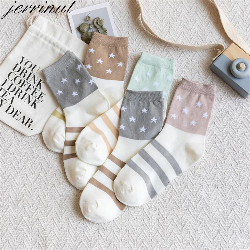 Jerrinut, женские хлопковые носки с веселым принтом, милые полосатые забавные носки со звездами, весенне-осенние повседневные модные носки в стиле Харадзюку, 1 пара