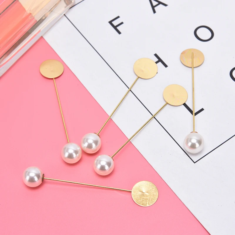 10pcs 76mm Blank Pearl Brooch Bases Settings Bezel Safety Pins Copper Lapel Pin Base Blank Stick Pin DIY Brooch Trays