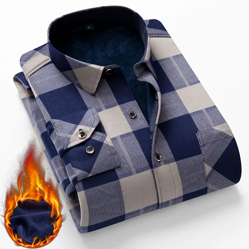 

Aoliwen brand men winter Autumn warm shirts Plus velvet thickened soft Woollen cashmere pocket button down casual Printed shirt