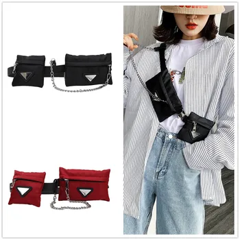 

Waist Belt Bag Men Women Luxury Brand Fanny Pack Nylon Two Pocket Chains Cross Body Chest Bag Unisex Trendy Hip-hop Waist Pack