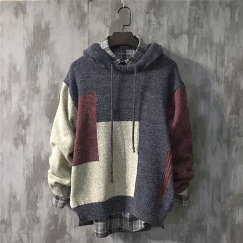

Japan Style Sweatshirts Mens Casual Patchwork Long Sleeve Knitted Pullover Hoodies Top Streetwear Knitwear Мужской свитер