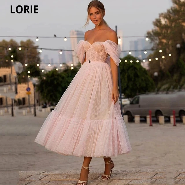 LORIR New Pink Sweetheart Off The Shoulder Dot Net Prom Dress 2021 Fashion A-Line Tea Length Evening Dress Plus Size Party Dress Pink