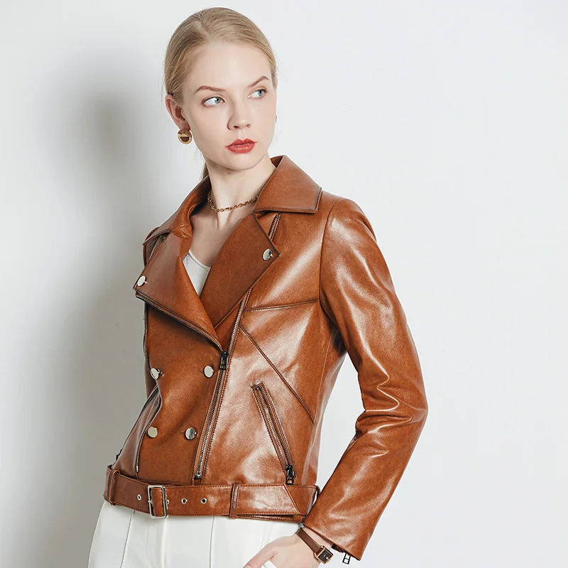 

Real Genuine Leather Jacket For Women Brown Black Natural Sheepskin Leather Blazer Jacket Luxury Designer Motorcycle Ladies Coat