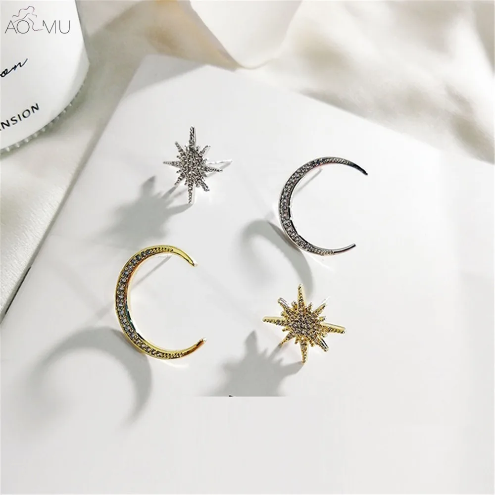 

AOMU S925 Sterling Silver Pin Asymmetric Rhinestone Zircon Gold Silver Star Moon Stud Earrings for Women Gift Party Jewelry
