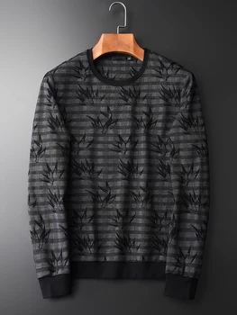 

NEW Black Jacquard Sweatshirt Male Luxury Round Collar Stripe Sweatshirts Men Spring And Autumn Simple Slim Fit Mens Hoodies