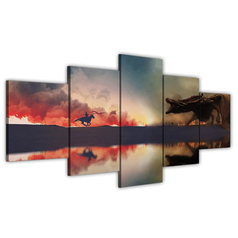 5 Pieces Canvas Painting Game Thrones Dragon Spitfire Picture Wall Pictures for Living Room Posters and Prints Home Decor (6)