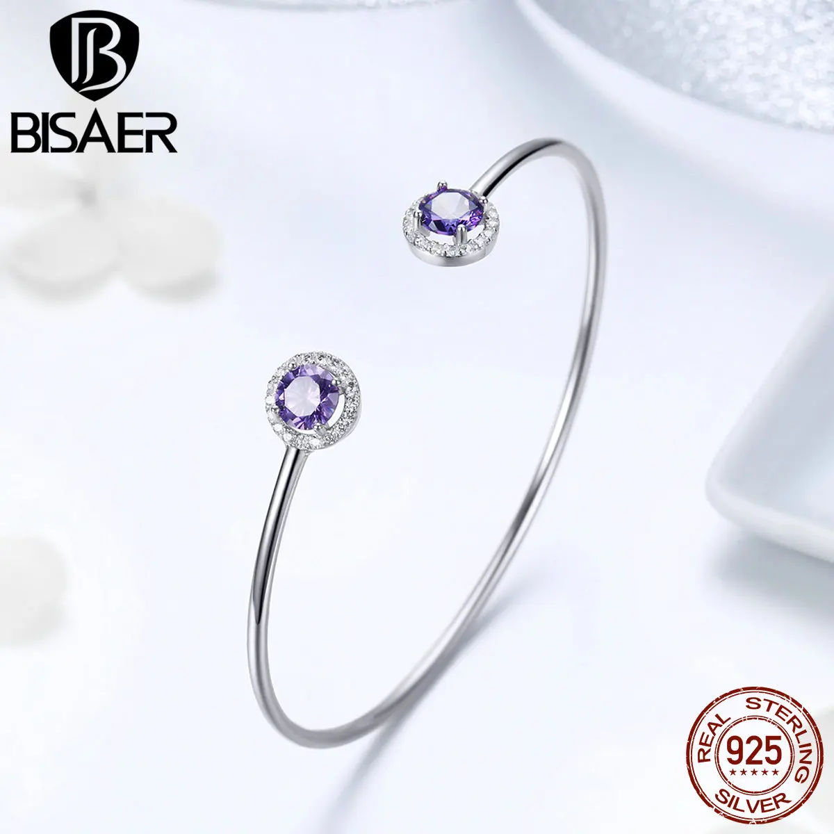 Браслет bisaer для женщин, 925 пробы, серебряный, фиолетовый, Кристальный камень, браслет& браслет, модное ювелирное изделие, Femme Bijoux HSB098