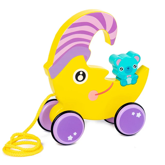 Wooden Cartoon Animal Trailer Children's Early Education Puzzle Hand Pull Rope Push Pull Walker Building Block Toy Car Kawaii 5