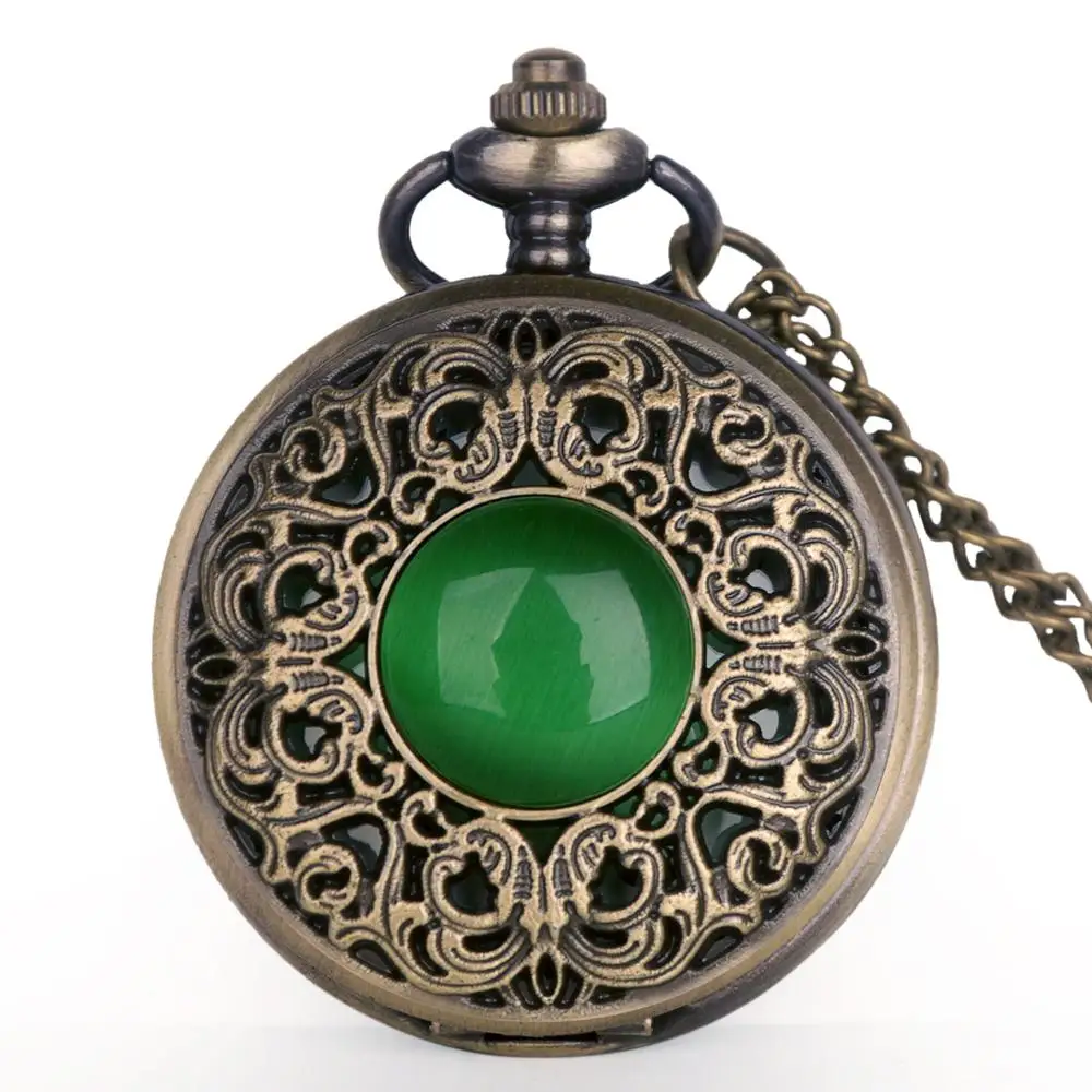 Ретро бронзовое зеленое каменное стекло карманные часы с подвеской ожерелье цепь кварцевые механизм мужские fob часы Relogio De Bolso TD2130