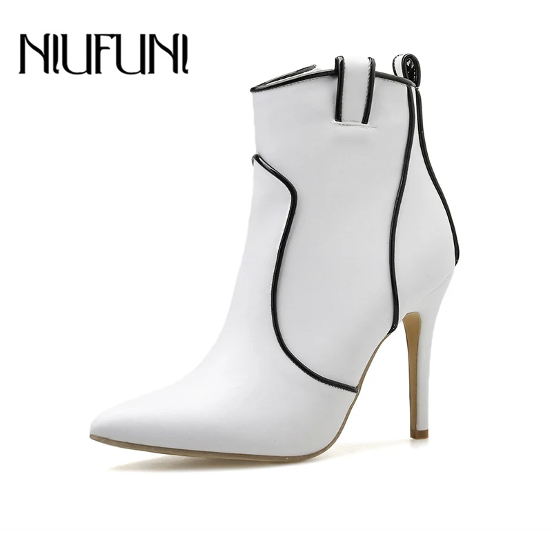 

Pointed Toe White Women's Ankle Boots Fashion Stiletto Zipper High Heels Elegant Boots Woman NIUFUNI Women Shoes Size 35-40