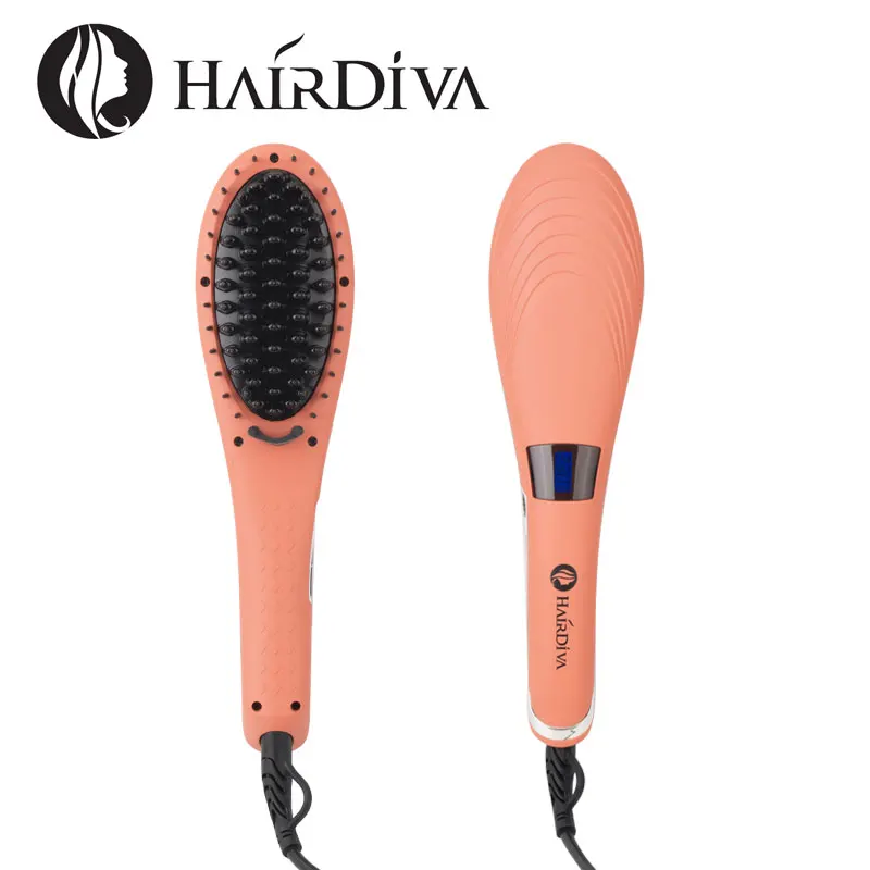 Hair Diva керамический электрический выпрямитель для волос, расческа с ЖК-дисплеем, Расческа с нейлоновой щетиной, железная щетка кораллового цвета