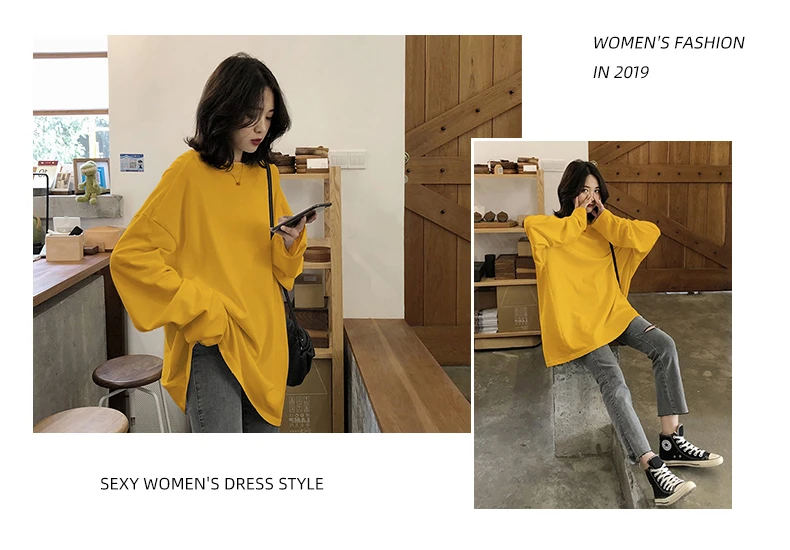 2021 spring Solid Simple oversized tshirt harajuku long T Shirt Women kawaii T-shirts Women 90s White yellow long Sleeve Tops