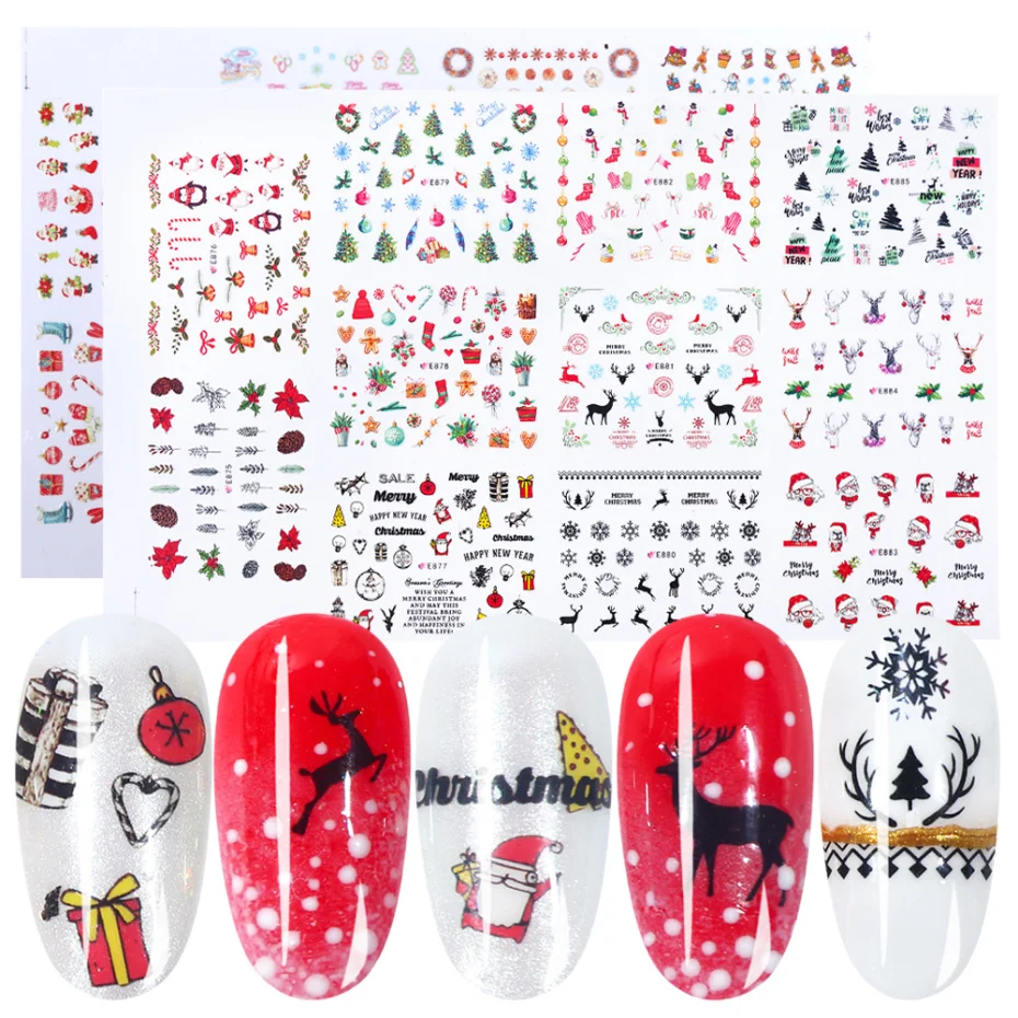 11 стикеров для ногтей, Рождественский дизайн, переводная наклейка, маникюрные слайдеры, Мультяшные, красивые, для ногтей, тату, фольга, LAE875-896