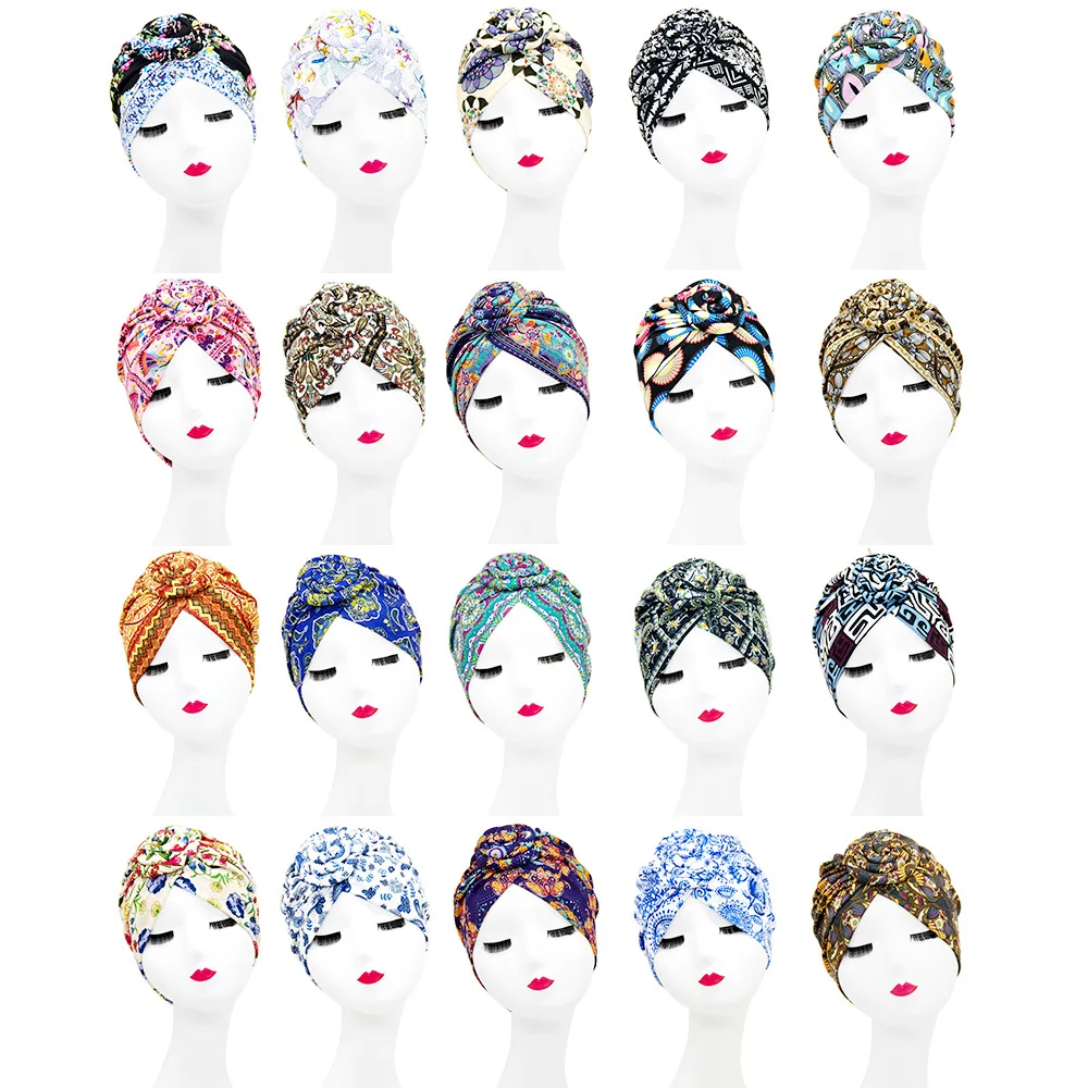 

New Indian Arab Wrap Women Head Scarf Turban Caps Trendy Printed Hat Bonnet Bohemian Ethnic Inner Hat For Cap Muslim Headdress