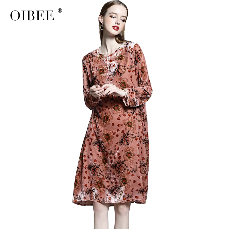 OIBEE2019 Европейская станция Женская Новая мода печатных бархат длинный абзац большое свободное платье диких дна