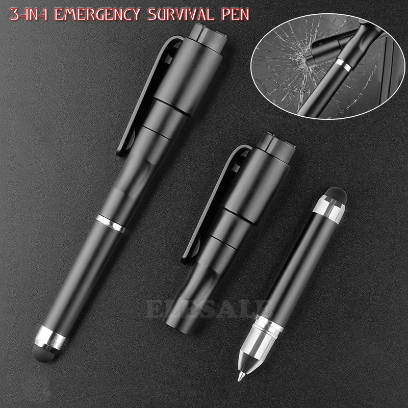 3-en-1 Multi-función de supervivencia de emergencia pluma segundo rompe vidrio para autos Pen Stylus pluma portátil EDC herramienta de supervivencia de regalo