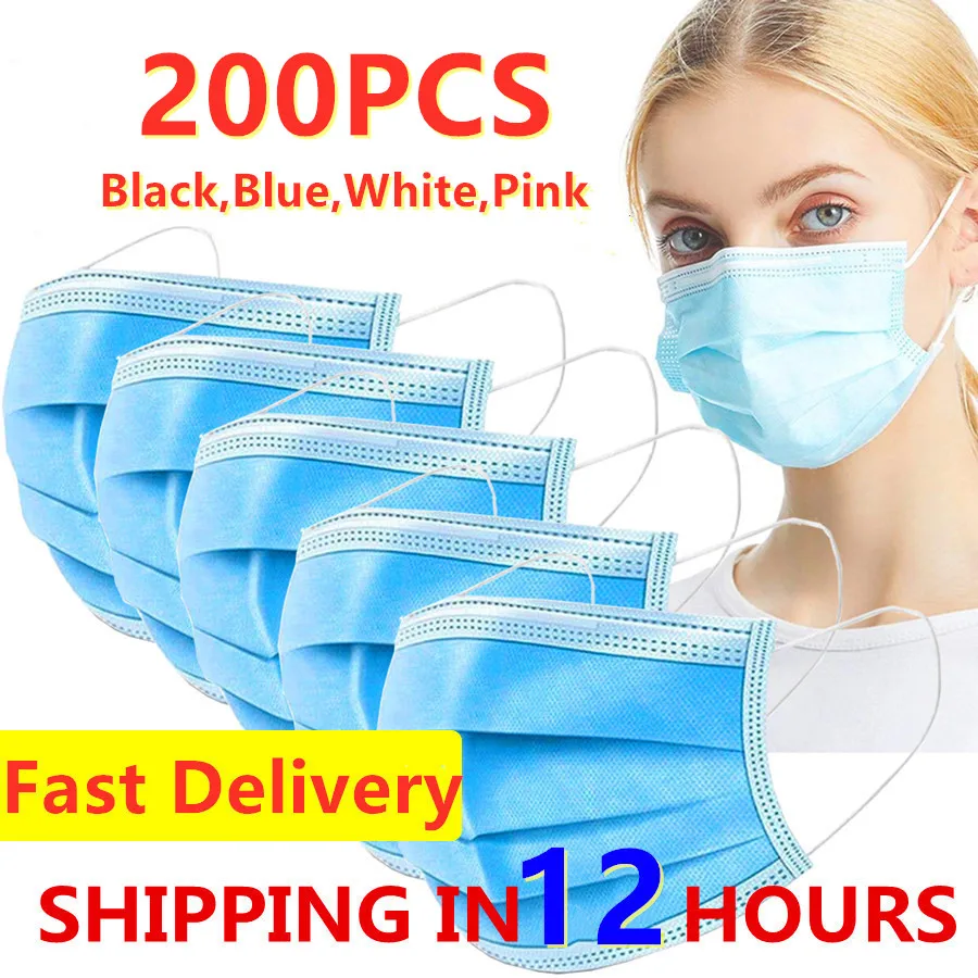 Mascarilla desechable no tejida de 3 capas, máscara facial protectora antipolvo, transpirable, con elásticos, 200 Uds., envío rápido