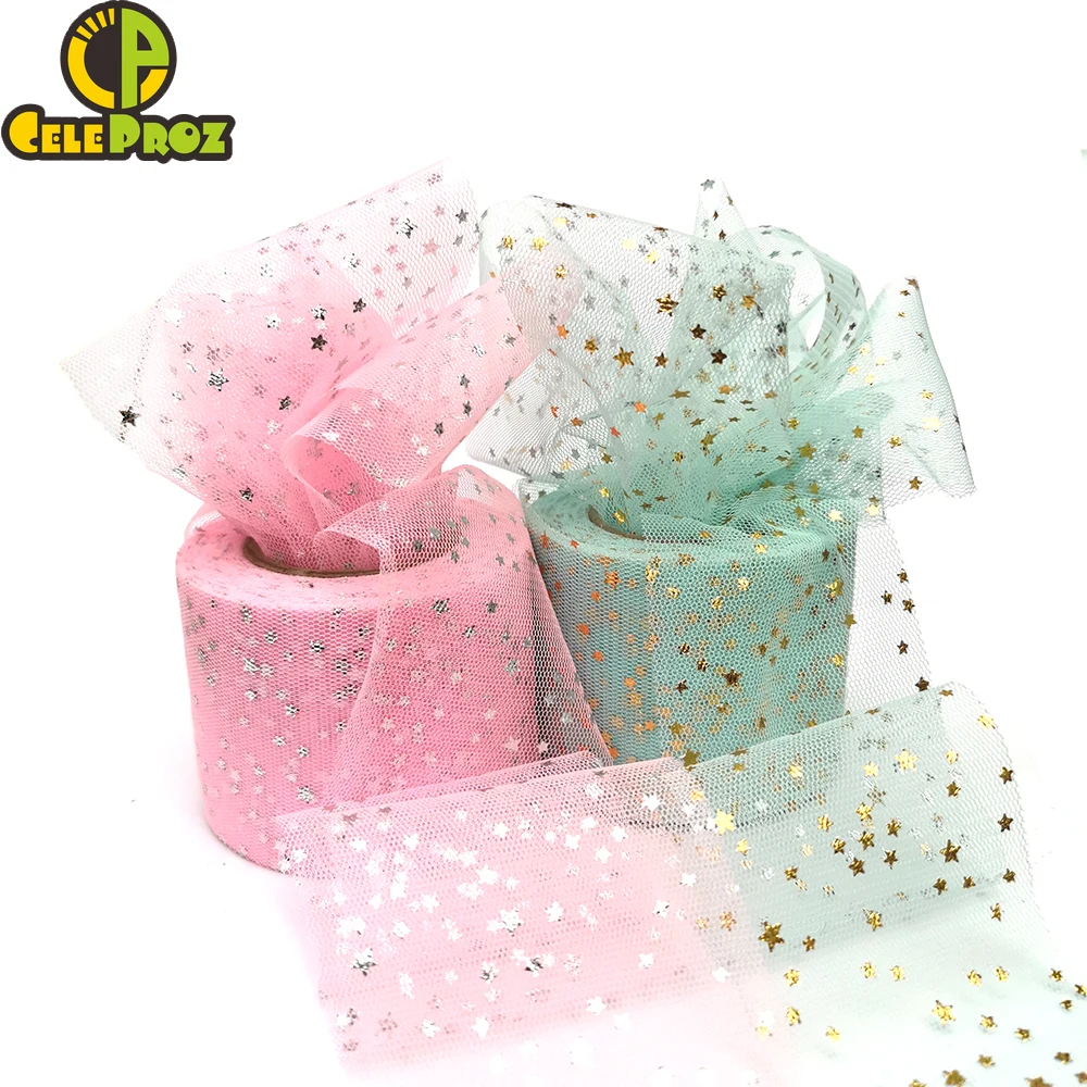 Tulle Craft Fabric 25Yards 6cm Star Tulle Confetti Glitter Mesh Baking Cake Topper Tutu Pom Bow Soft Squine Organza DIY Wedding Birthday Decoration