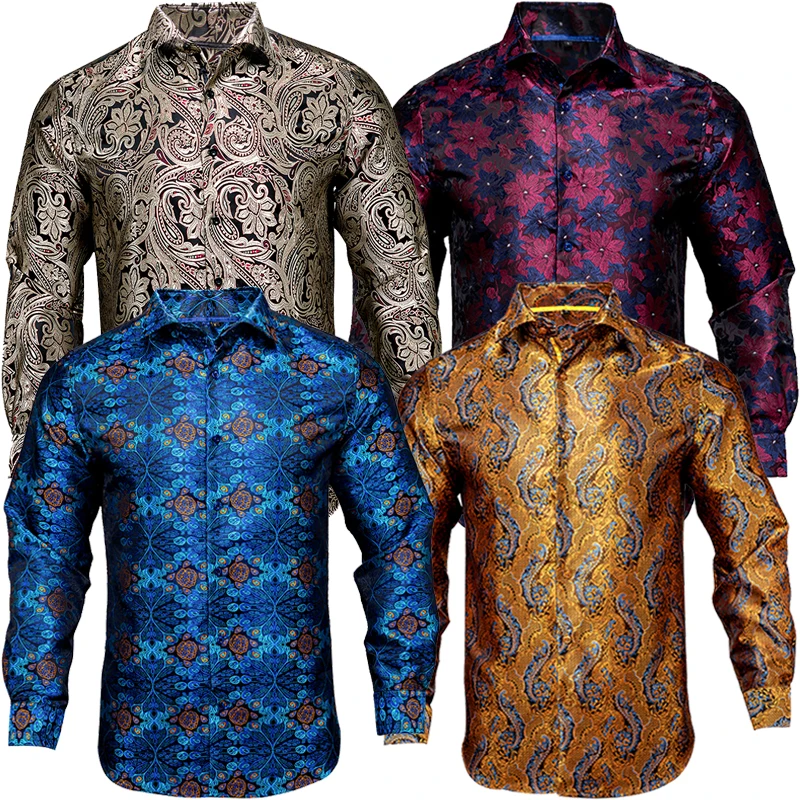 HiTieLuxuryGoldMensShirtsPaisleyFloralSoftSilkFullSleeve