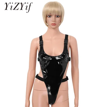 

Women Lingerie Thong Leotard Bodysuit One-piece Wet Look Patent Leather Deep U Neck Backless High Cut Buckle Thong Bodysuits