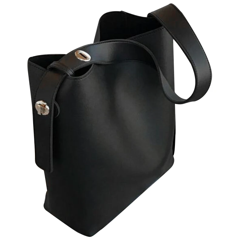 

Fashion All-Match Bucket Bag Simple Style Pu Leather One Shoulder Women'S Handbags Female Bag Casual(Black)