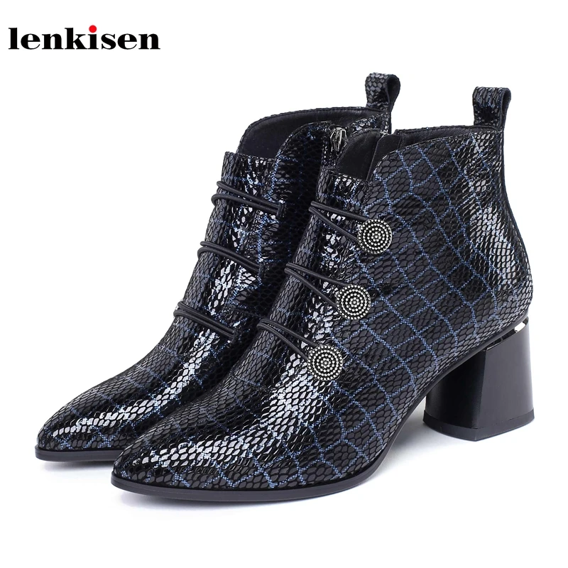 

Lenkisen genuine leather gingham metal buckle straps pointed toe high heels office lady zipper warm winter women ankle boots L13