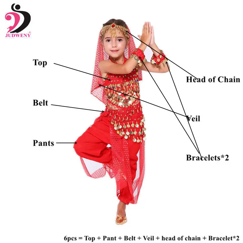 Детский набор костюма для танца живота Индийский Болливуд Восточный Египетский танец живота юбка для девочек танец живота топ брюки хип шарф - Цвет: Red 6pcs