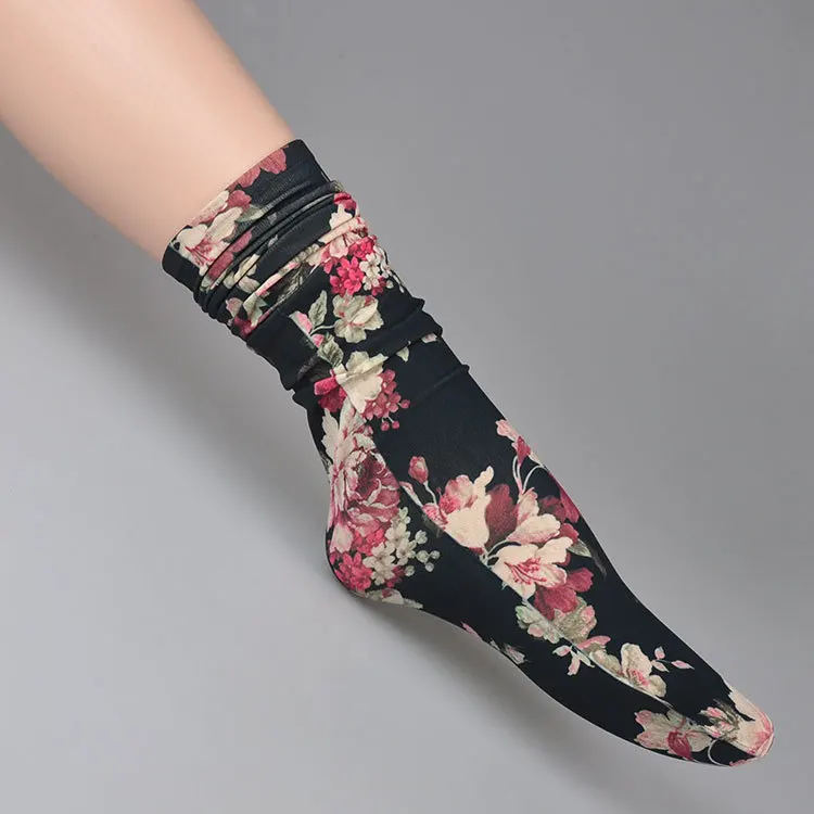 KASURE Flower Pattern Silk Print Long Socks For Women New Fashion Elastic Spring Summer Ankle Socks For Young Ladies