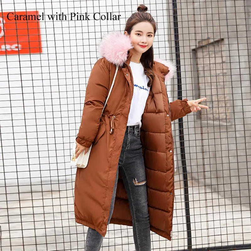 Caramel Pink Collar Новое поступление модные женские зимние куртки высокое качество дамское пальто Длинная парка с капюшоном с мехом теплая верхняя одежда парки женские - Цвет: Caramel Pink Collar