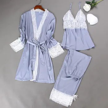 

Casual Kimono Bathrobe Gown Satin Pajamas Women Pijamas Suit Intimate Lingerie Sleepwear Lace Patchwork Homewear 3PCS Sleep Set