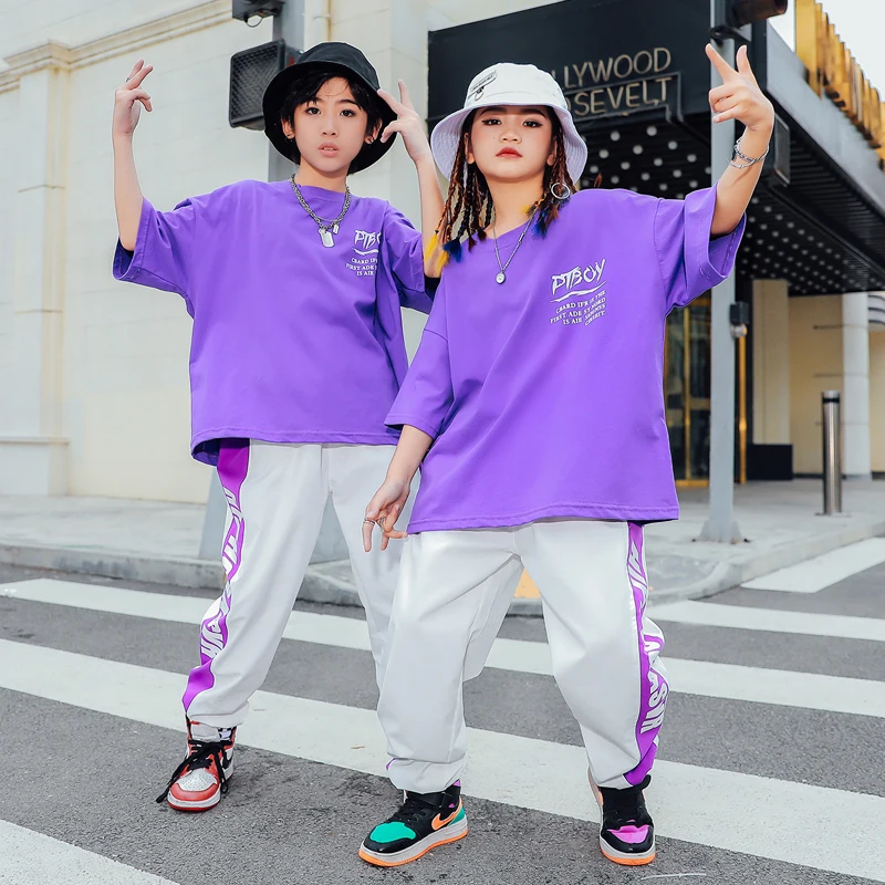 Summer Kids Hip Hop Boys Girls Street Dance Costume Purple T-Shirts Short Sleeves Outfit Hip-Hop Pants Jazz Dance Wear BL6238