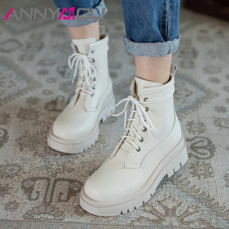 

ANNYMOLI High Heel Ankle Boots Woman Platform Thick Heel Motorcycle Boots Lace Up Short Boots Lady Shoes Autumn Winter White 42