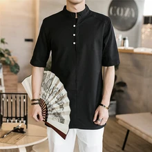 Мужские однотонные, стиль Харадзюку, летние рубашки, уличная одежда, льняная рубашка, мужская мода, китайский стиль, винтажная белая блузка, мужская одежда