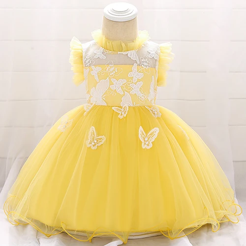 Рождественские платья для детей с блестками, кружевное платье на крестины с цветочным рисунком Одежда для новорожденных девочек на день рождения, костюм принцессы для младенцев - Цвет: L1910XZ yellow