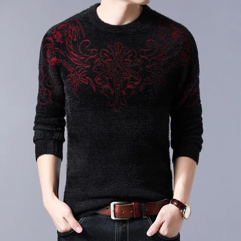 

2019 Winter New Style Men Faux Mink Sweaters Sweater Crew Neck Thick Warm Fashion Brand Printed Faux Mink Sweaters