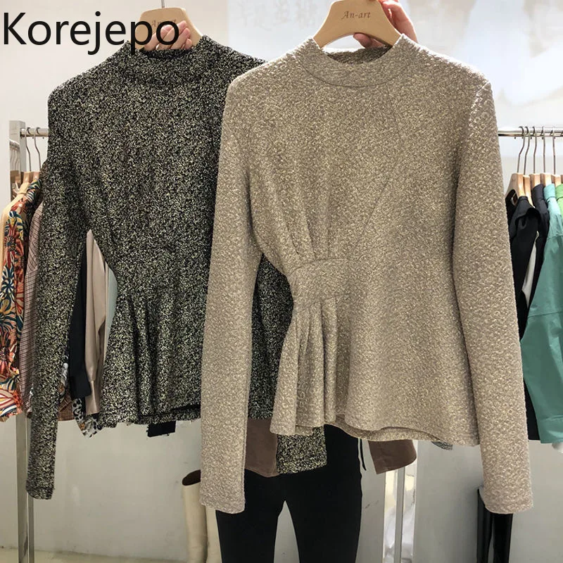 Korejepo Women Thin Waist Shiny Irregular Pleated Long-sleeved T-shirt Bottoming Shirt 2021 Autumn and Winter New Female Blouse | Женская