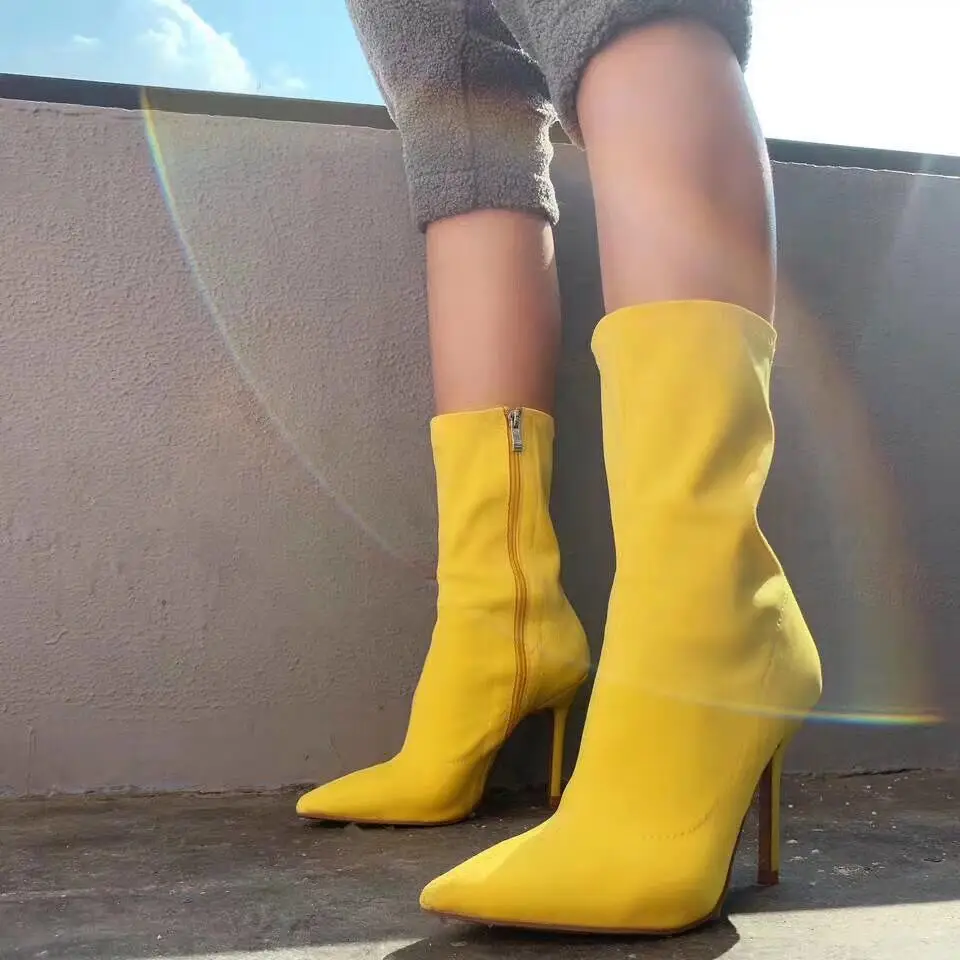 

Large Size Women's Boots Stiletto Elastic Cloth Candy-colored Pointed High-heeled Boots Fashon Yellow Boots