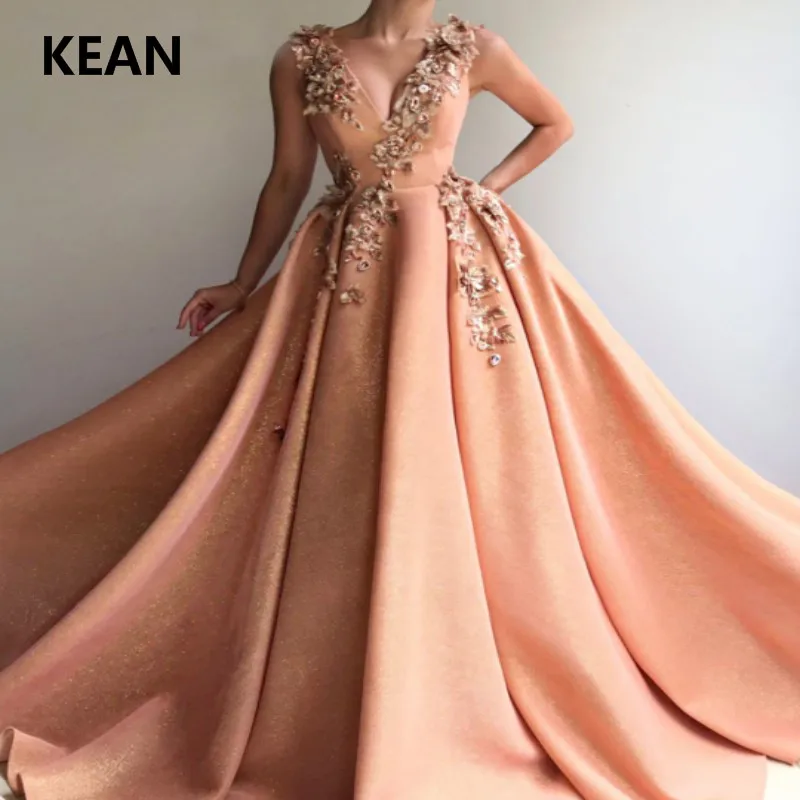 

Orange Evening Dresses V-neck Beads Flowers Floor Length Vestidos Party Dress Plus Size Prom Dress abendkleider Custom Made