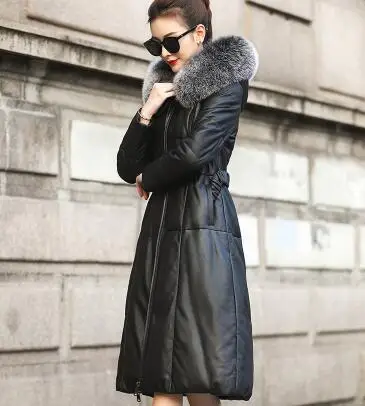 black Jacket Women Winter Genuine Leather Jacket Womens Duck Down Jacket Fox Fur Collar Plus Size Long Overcoat Sheepskin Coat Q110 - Color: black