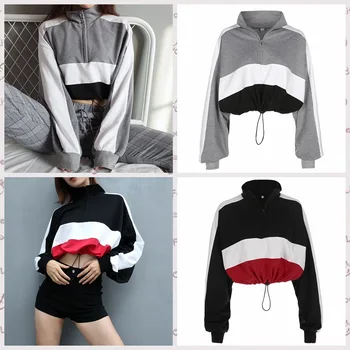 

Female T-shirt Long-sleeved Hip-hop T Shirt Korean Version Of The Loose Plus Size Leaking Navel Short Hooded Sweater TShirt