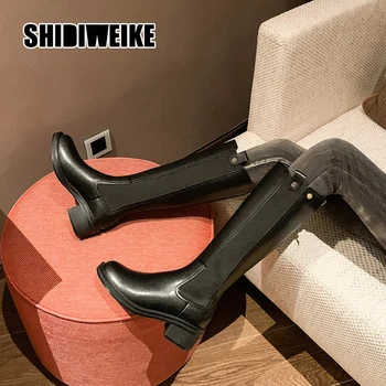 

fashion buckle Boots Women Mid-Calf High Quality Leather Riding Equestrian Back zipper Sexy Shoes Waterproof Shoes v966