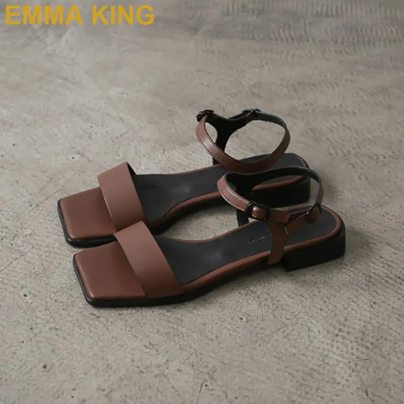 

Retro Square Toe Flat Sandals Summer Women Rome Shoes Tan/Black Leather Beach Sandals Sexy Ladies Shoes 2019